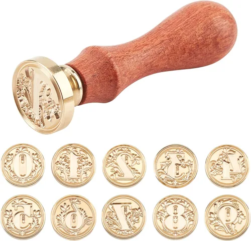Vista 3 de CRASPIRE Juego de sellos de cera, 10 cabezales de sello de cera, diseño de números del 0 al 9 con mango de madera para sobres de invitaciones