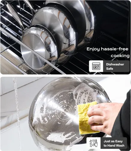 Vista 8 de USELUCK Sartén de acero inoxidable de 8 pulgadas, base de triple capa, sartenes no tóxicas con tapa de acero inoxidable, calentamiento rápido