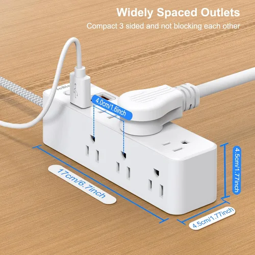 Vista 6 de Regleta de alimentación de enchufe plano con protector de sobretensiones, cable de extensión ultradelgado de 5 pies con 3 cargadores de pared USB