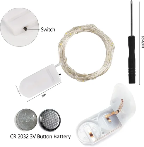 Vista 3 de WATERGLIDE Paquete de 12 luces de hadas que funcionan con pilas (incluidas), 20 miniluces LED de 7 pies, luces impermeables de alambre plateado