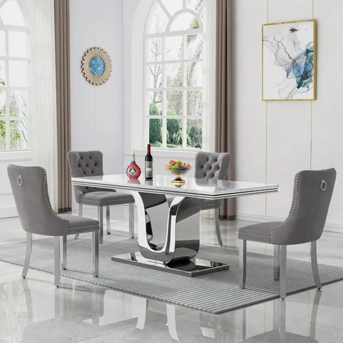 Vista 24 de SSLine Mesa de comedor moderna para mesa de cocina de mármol sintético de 6,70 pulgadas, mesa de comedor rectangular para muebles de cocina