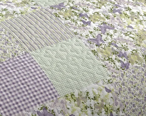 Vista 4 de Chezmoi Collection Daisy - Juego de edredón de 3 piezas con estampado de retazos Colcha a cuadros de caramelo botánico de mariposas moradas Colcha