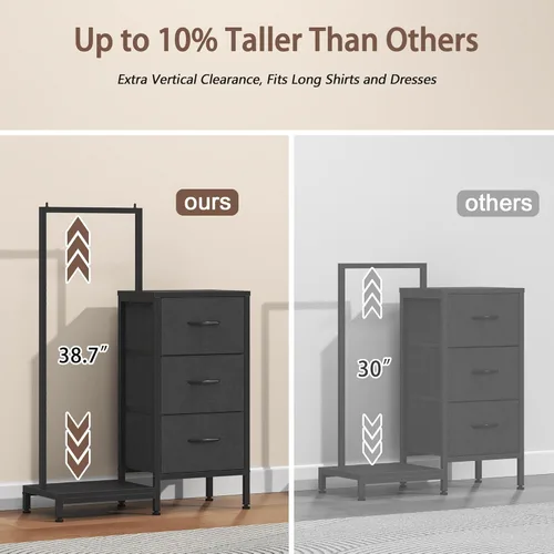 Vista 3 de Cómoda AFLUI para dormitorio con estante para colgar, cómoda de 3 cajones para dormitorio - Negro