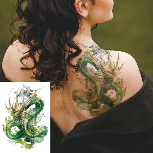 Vista 2 de 2 hojas brazo muslo impermeable falso tatuaje temporal etiqueta engomada verde dragón chino