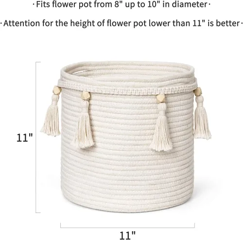 Vista 5 de Mkono - Canasta decorativa de macramé de cuerda de algodón boho, linda cesta tejida con borla, contenedores de almacenamiento para armario