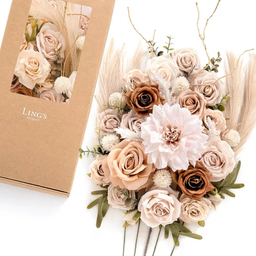 Ling's moment Caja de flores artificiales, tallos de follaje artificial falso, rosas de espuma, dalia de seda, hierba de pampas, flor de tela para