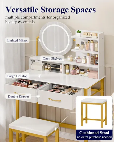 Vista 2 de Kitsure Escritorio de tocador con espejo y luces – 3 modos de maquillaje iluminado para niñas, tocador pequeño antivuelco con silla