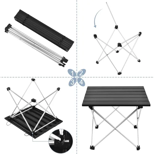 Vista 5 de Mesa de camping portátil Grope con tablero de aluminio, mesa de playa plegable fácil de transportar, perfecta para exteriores, picnic, barbacoa