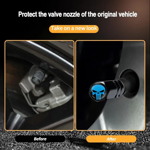 Vista 4 de Ajxn Paquete de 4 tapones de válvula de neumático de calavera, cubiertas herméticas a prueba de polvo para rueda de automóvil, tapas universales