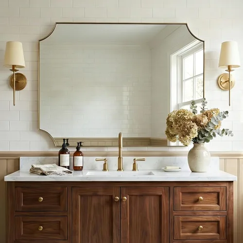 Vista 25 de ANDY STAR Espejo de bronce de 22 x 30 pulgadas, espejo de baño festoneado de bronce cepillado, espejo de pared rectangular en marco fino de metal