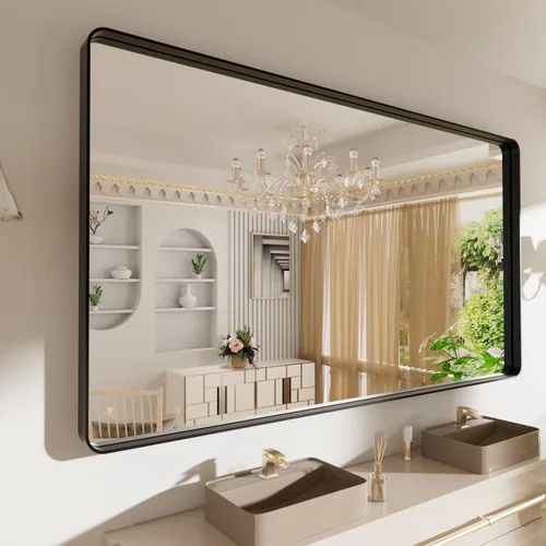 Vista 88 de LOAAO 20x16 Pulgadas Espejo de Baño con Marco de Metal Negro para Pared, Espejo de Tocador de Baño de Estilo Granja, Espejo Grande Rectangular