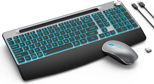 Vista 9 de JOYACCESS Teclado y mouse inalámbricos, teclado inalámbrico ergonómico con reposamuñecas y soporte para teléfono, mouse de computadora silencioso