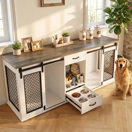 Vista 13 de LINLUX Muebles de jaula para perros XL de 47 pulgadas, perrera de madera resistente para interiores, mesa decorativa para perros extra grandes