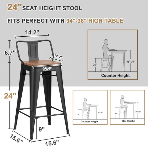 Vista 70 de Juego de 4 taburetes de bar giratorios de 26 pulgadas con respaldo, altura de mostrador, taburetes de bar industriales de metal para el hogar