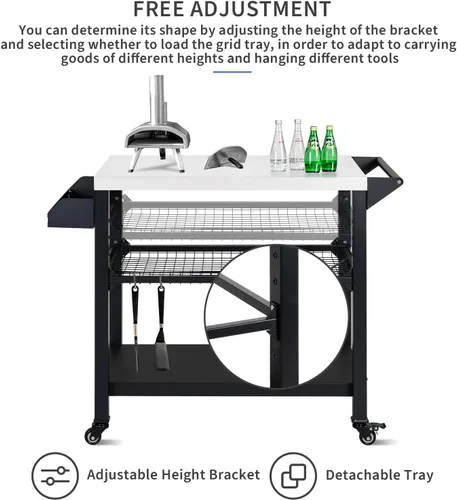 Vista 4 de Polar Aurora Carrito de parrilla móvil de tres estantes para exteriores, soporte para horno de pizza, mesa multifuncional de preparación