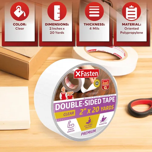 Vista 3 de XFasten Cinta adhesiva transparente de doble cara, extraíble, 2 pulgadas x 20 yardas, rollo individual ideal como cinta de entrenamiento para gatos