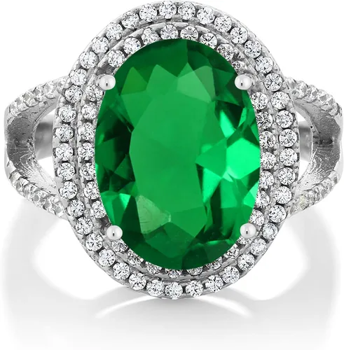 Gem Stone King Anillo de plata de ley 925 nanoesmeralda verde para mujer (7.16 quilates, ovalado de 0.551 x 0.394in, disponible 5, 6, 7, 8, 9),