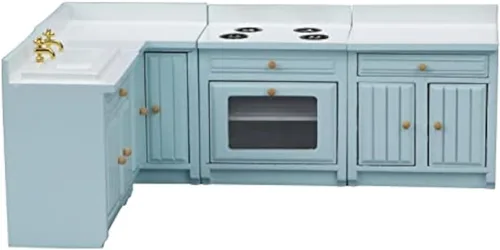 Accesorios de decoración para casa de muñecas, cocina en miniatura a escala 1:12, juego de 4 piezas de estufa, fregadero y gabinete de madera