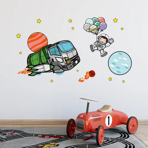 Calcomanía de pared: camión de basura en el espacio exterior aventura con vinilo astronauta, diseño abstracto y creativo de hombre colgando sobre