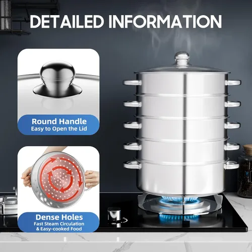 Vista 7 de 5-Tier Stainless Steel Steamer Meat Vegetable Cooking Steam Pot Kitchen Tool with Stackable Pan and Lid for Steaming Pasta Dumplings and Vegetables