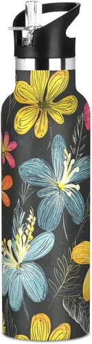 Insulated Water Bottle with Straw Colorful Flowers Double Wall Vacuum Insulated Lightweight for Sport Gym Outdoor Travel School