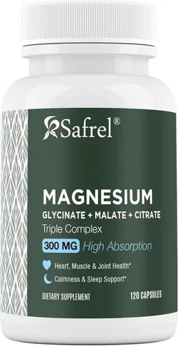 Safrel Complejo triple de magnesio 300 mg | Glicinato de magnesio, malato, citrato | Fórmula quelatada de alta absorción | Vegano, sin OMG, sin