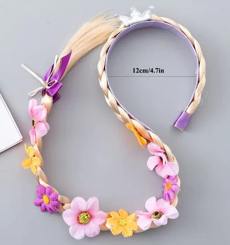 Vista 3 de 2 pelucas largas trenzadas de princesa, peluca Rapunzel de Elsa, trenzada, para niñas, cosplay, diadema, accesorios para niñas pequeñas