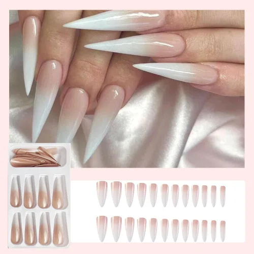 Vista 4 de Uñas postizas extralargas a presión con punta francesa de punta francesa degradada rosa a blanco, uñas postizas para mujeres y niñas, 24