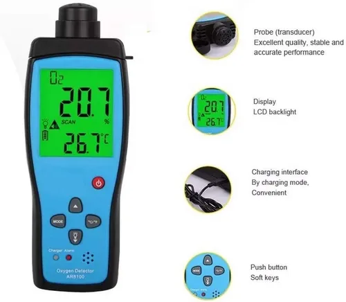 Vista 5 de Medidor de gas de oxígeno de mano, probador profesional de O2 con pantalla LCD digital, rango de medición de 0-25% vol. para pruebas industriales
