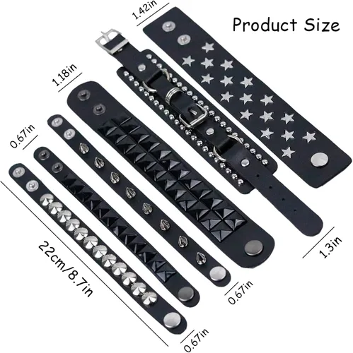 Vista 2 de REDANHA 6 PCS Spiked Studded Pulsera de cuero negro remache punk pulsera brazalete