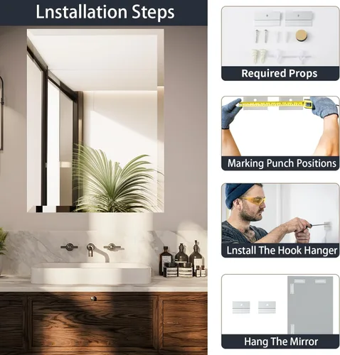 Vista 7 de Espejo de pared sin marco de 20 x 30 pulgadas con borde biselado de 1 pulgada, espejo rectangular sin marco para baño, tocador, sala de estar