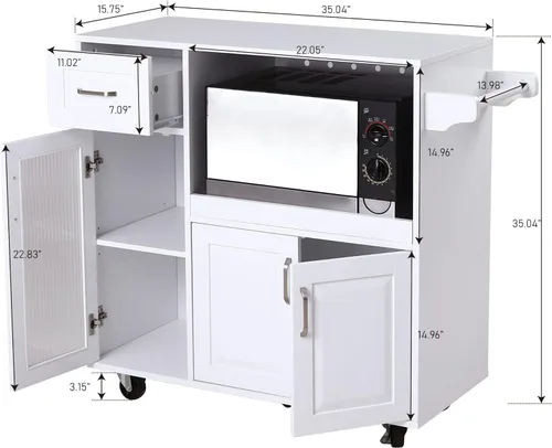 Vista 7 de PHI VILLA Carrito de microondas con ruedas, isla de cocina blanca con estante para microondas, carrito de cocina rodante con almacenamiento