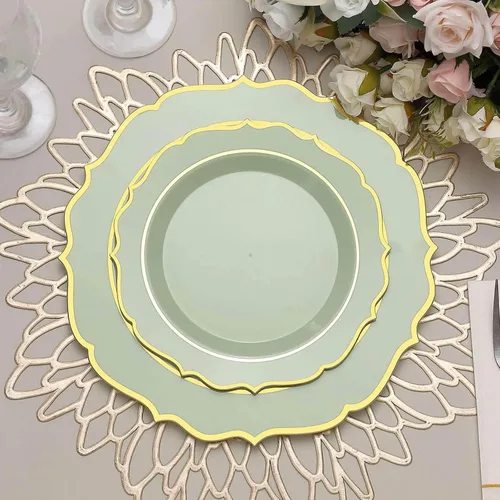 Vista 32 de Efavormart - Paquete de 10 platos de ensalada de postre de plástico gris pardo de 8 pulgadas, vajilla desechable redonda con borde festoneado dorado