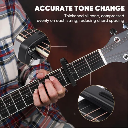 Vista 6 de AARVI Cejilla de guitarra de 6 cuerdas para guitarras acústicas y eléctricas, abrazadera universal con 4 púas de alta calidad, compatible con Negro