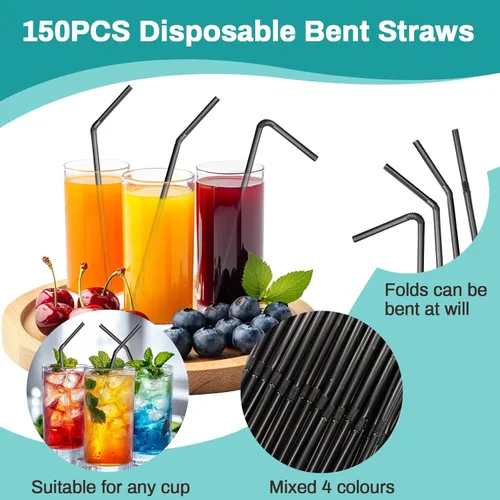 Vista 3 de 150 popotes desechables de plástico para beber, popotes flexibles, desechables, largos, coloridos, de plástico, a rayas, varios colores para uso