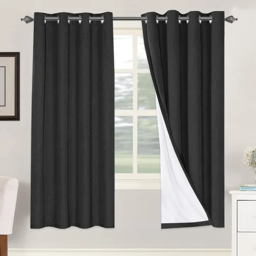 Vista 209 de H.VERSAILTEX Cortinas 100% opacas con aislamiento térmico, texturizadas, de lino, con bloqueo completo de calor y luz, para sala de estar y Negro