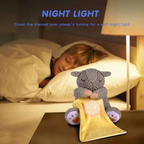 Vista 4 de BEREST - Máquina de ruido blanco para bebé en forma de animal de peluche, con latido del corazón de mamá, ovejas y canciones de cuna, proyector