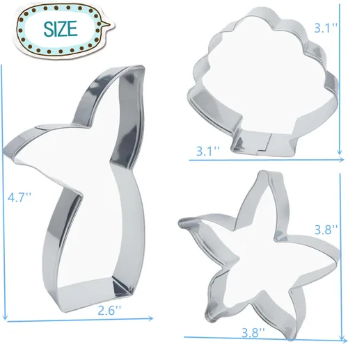 Vista 2 de Cortadores de galletas de sirena, cola de sirena, estrellas de mar, conchas de mar de acero inoxidable, formas para hornear, regalo