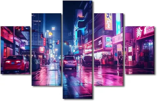 Vista 50 de Póster de 5 paneles en lienzo para decoración de pared, diseño de centro urbano Cyberpunk, impresión moderna, decoración de pared para el hogar