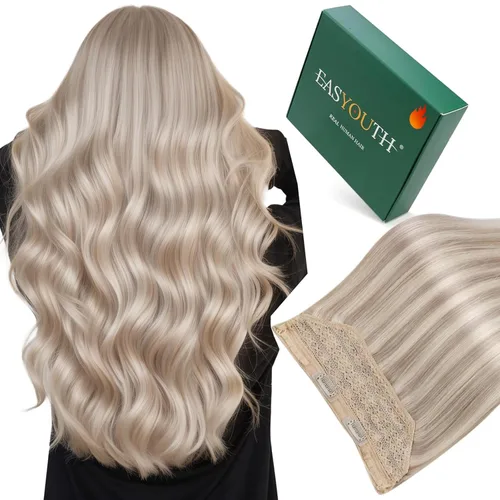 Easyouth - Extensiones de cabello con alambre rubio, extensiones de cabello humano real, reflejos rubios ceniza, extensión de cabello rubio con hilo
