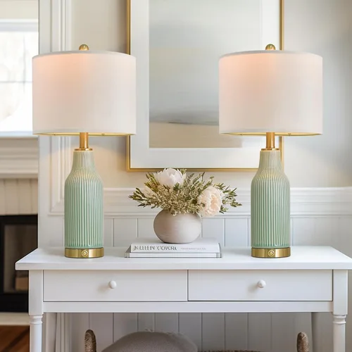 Vista 14 de Juego de 2 lámparas de mesa modernas de cerámica verde de 23.75 pulgadas para sala de estar, lámpara de mesita de noche de casa de campo