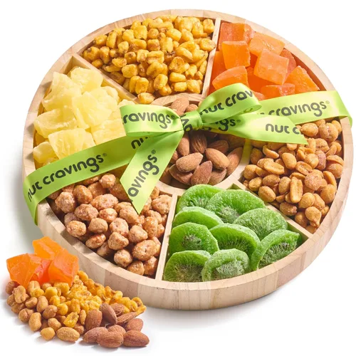 Vista 21 de NUT CRAVINGS - Cesta de regalo con arreglo floral de frutas secas navideñas en cesta de regalo de madera en forma de manzana + bandeja (9 surtido)