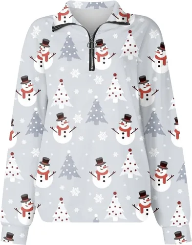 Vista 2 de Sudadera para mujer, con estampado navideño de 14, con solapa, holgada, con estampado navideño, para otoño