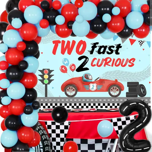 Vista 2 de Two Fast Two Curious - Decoraciones de cumpleaños para niño, decoración de segundo cumpleaños de coche de carreras, retro, rojo, negro, azul, arco