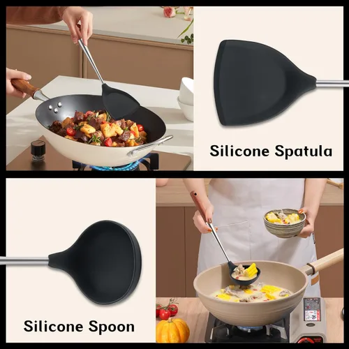 Vista 7 de FJNATINH Juego de espátulas de silicona – Acero inoxidable sin BPA, antiadherente, resistente al calor, utensilios de cocina con mango de madera, 2