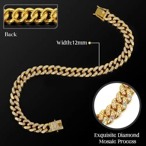Vista 2 de LEIFIDE Collar de Cadena para Perro con Enlace de Diamante Collar para Cachorros de 12 mm de Ancho Collar de Metal para Gatos Collar de Cristal