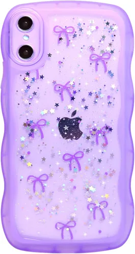 Vista 104 de Qokey para iPhone 14 Plus Funda de 6.7" con diseño de borde ondulado rizado, transparente, con purpurina, brillo, estrellas, brillante, lindo