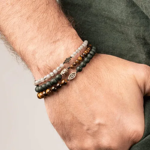 Vista 3 de Karma and Luck - Ultimate Prosperity - Pulsera Serenity Real Onyx Labradorita Ojo de Tigre Triple Protección Hamsa Buddha Evil Eye Wrap Hecho a mano