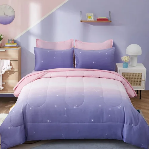 Vista 9 de Dinjoy Juego de edredón reversible para niñas, tamaño matrimonial, colorido, degradado, azul, rosa, morado, arcoíris, juego de ropa de cama de 7