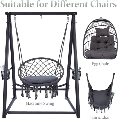 Vista 3 de YOXIFOC Base reforzada y soporte de hamaca de estructura triangular con 2 cestas de almacenamiento, soporte de columpio con 3 ganchos